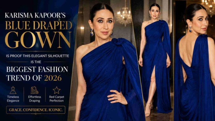 Karisma Kapoor's Blue Draped Gown Is Proof This Elegant Silhouette Is the Biggest Fashion Trend of 2026 CREATE SIZE- 1200 PX W X 675 PX HBlue Draped Gown Fashion Trend 2026